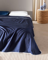 Double 100% Cotton Piped Bed Blanket - Soft & Breathable Summer Throw - Navy White - TryAladdin
