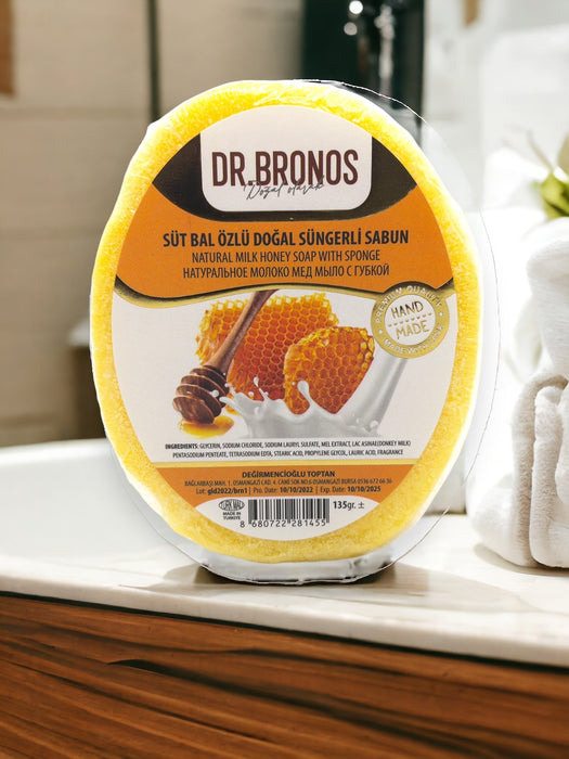 Dr. Bronos | Natural Milk Honey Soap with Sponge Dr. Bronos Sponge Soap