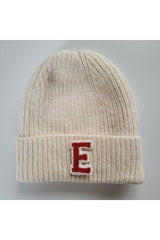 "E" Letter Ecru Wool & Acrylic Blend Knitted Beanie - Standard - TryAladdin