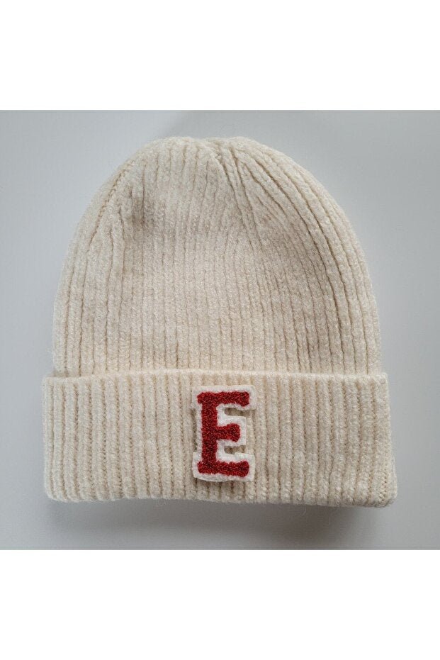 "E" Letter Ecru Wool & Acrylic Blend Knitted Beanie - Standard - TryAladdin