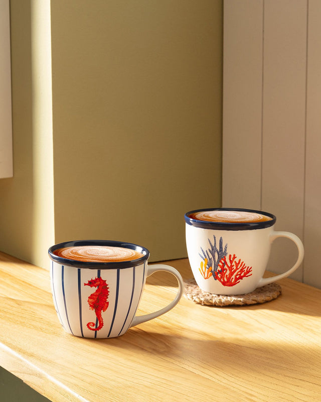 New Bone Porcelain 2-Piece Mug Set - Marine Vague Design