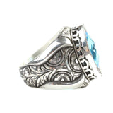 Sterling Silver Men's Aquamarine Ring - Hand-Carved Rose Motif