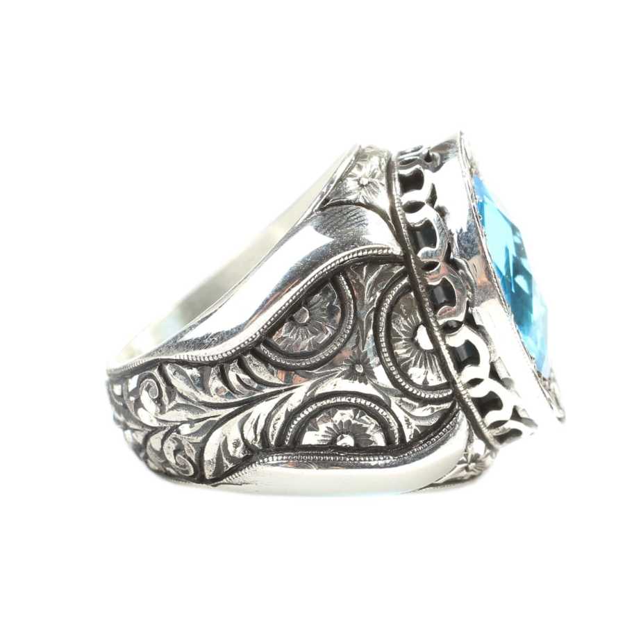 Sterling Silver Men's Aquamarine Ring - Hand-Carved Rose Motif
