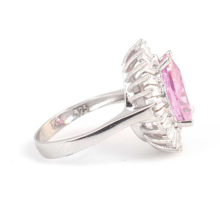 Premium 925 Sterling Silver Drop Pink Quartz Baguette Ring
