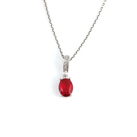 925 Sterling Silver Dainty Oval Synthetic Ruby Pendant Necklace
