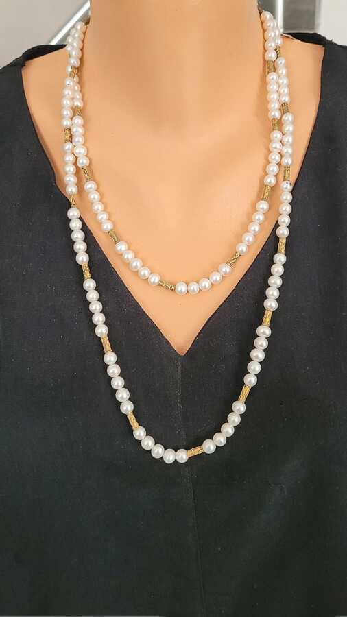 925 Sterling Silver Double Strand Pearl Necklace - Elegant Fancy Design