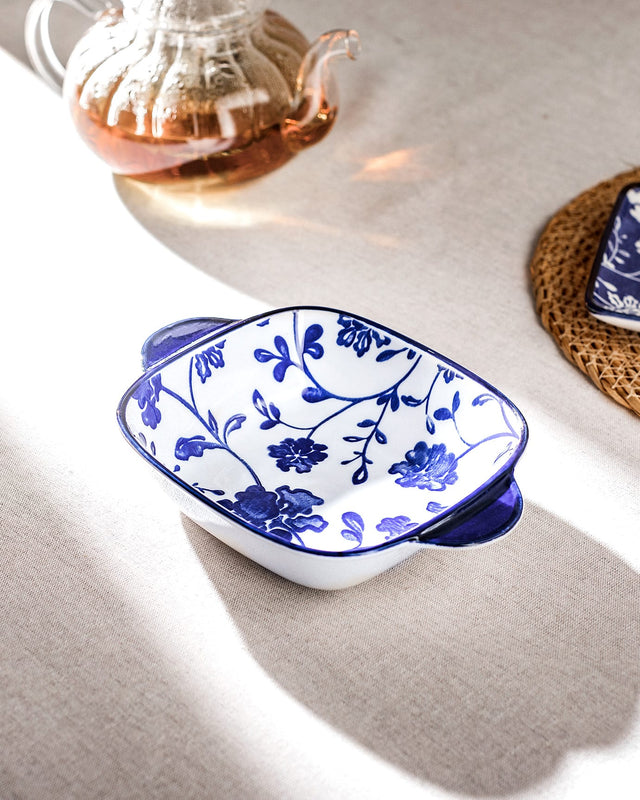 New Bone China Square Serving Plate - Rêve Bleu Handled Design