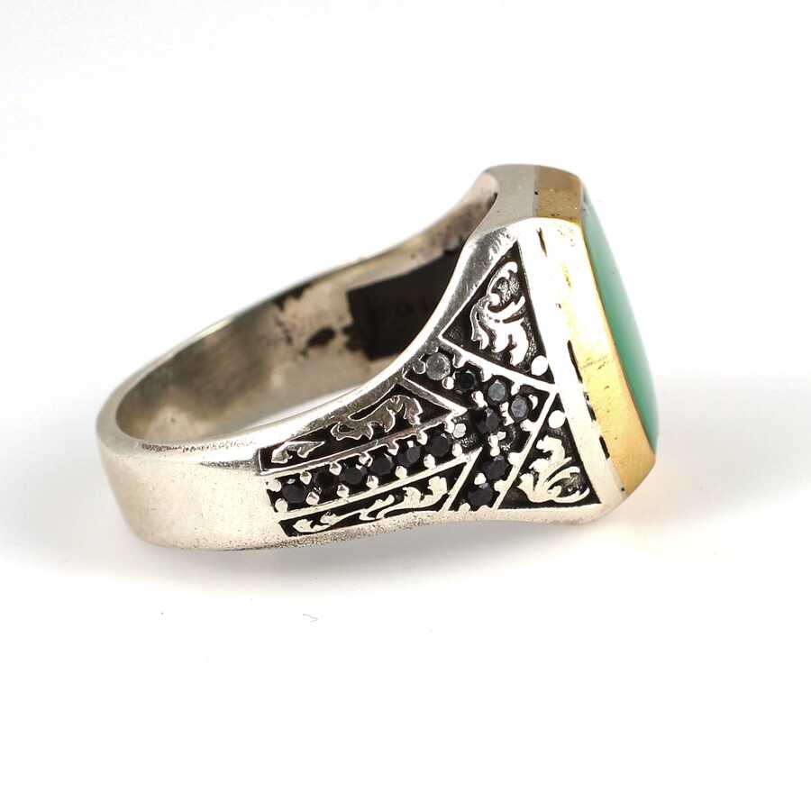 925 Sterling Silver Men's Statement Ring with Green Enamel & Zircon