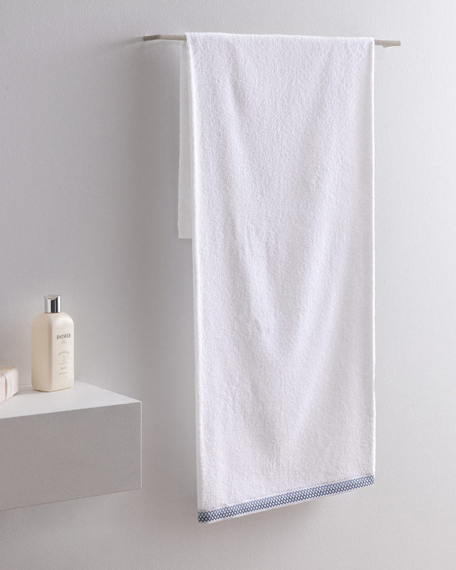 Soft Cotton Bath Towel - Absorbent White & Blue Design