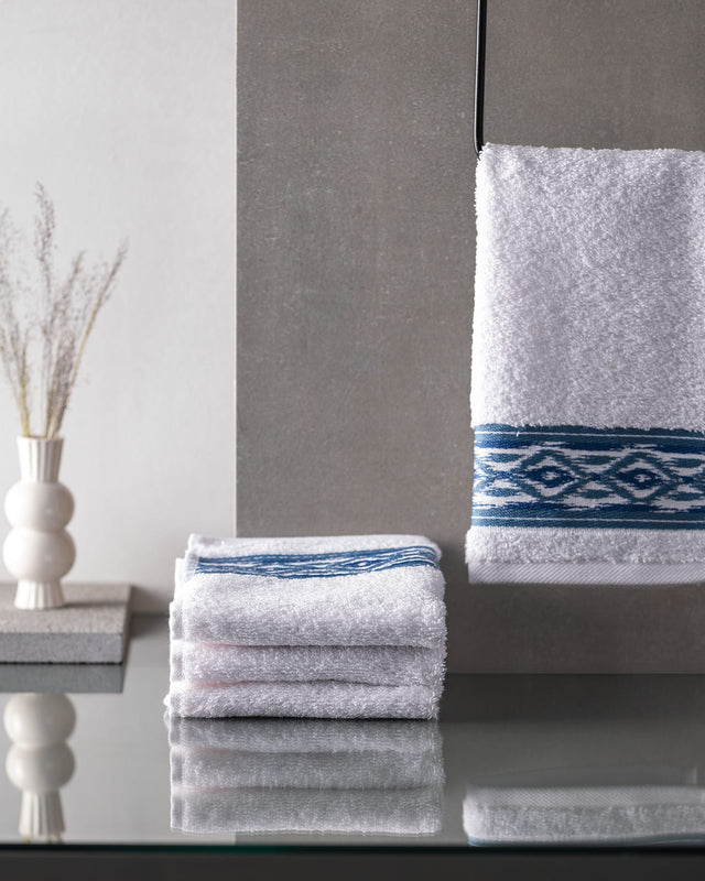 4-Pack 100% Cotton Hand Towel Set - Soft Absorbent Bathroom & Guest Towels - White & Blue