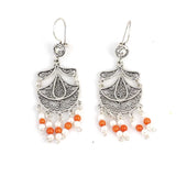 Sterling Silver Filigree Dangle Earrings - Coral & Pearl Moon Teardrop