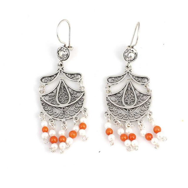 Sterling Silver Filigree Dangle Earrings - Coral & Pearl Moon Teardrop