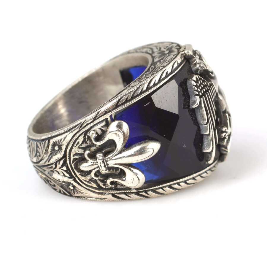925 Sterling Silver Ottoman Eagle Men's Ring - Handcrafted Synthetic Sapphire