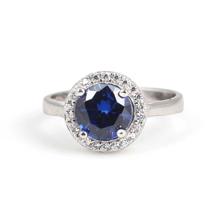 925 Sterling Silver Round Synthetic Sapphire Halo Ring