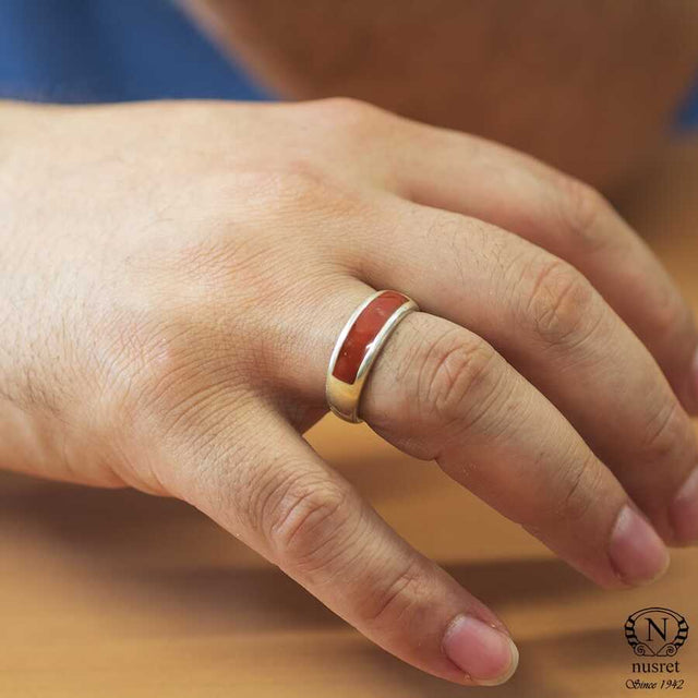 925 Sterling Silver Men's Wedding Band - Red Enamel Design
