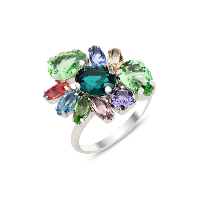 Cushion & Baguette Crystal Flower Ring - Modern Colorful Design