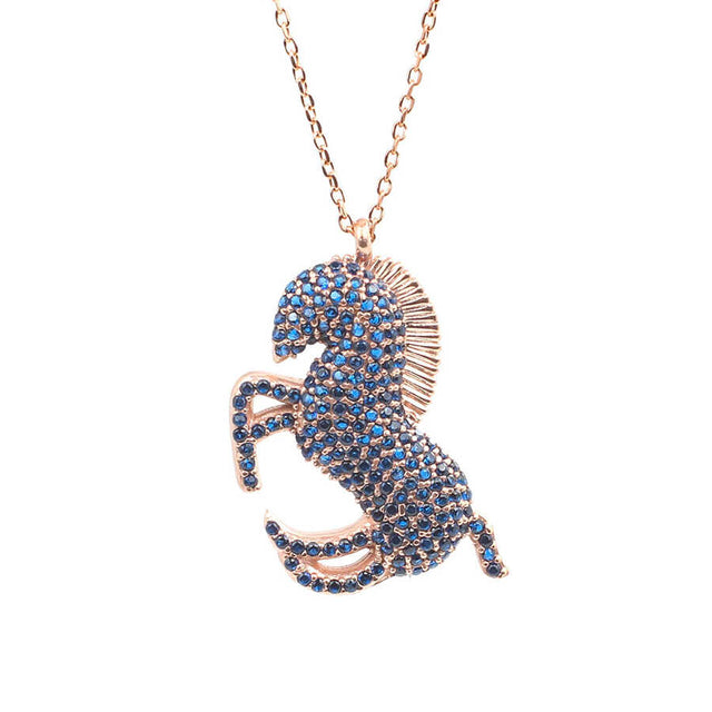925 Sterling Silver Sapphire Rearing Horse Necklace - Elegant Design