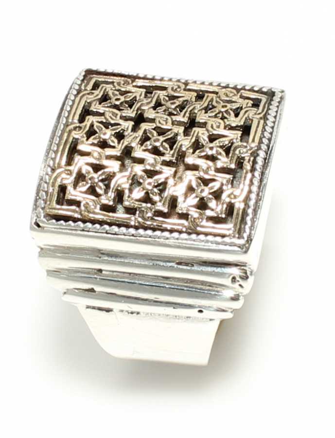 925 Sterling Silver & Bronze Blend Ring - Square Byzantine Authentic Design