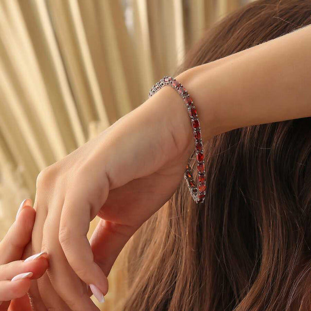 925 Sterling Silver Oval Synthetic Ruby Line Bracelet - Classic Style