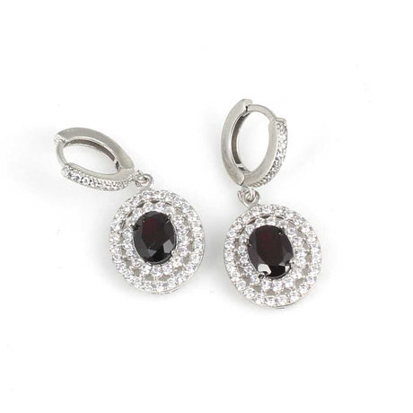 Sterling Silver Oval Garnet & Zircon Double Halo Earrings