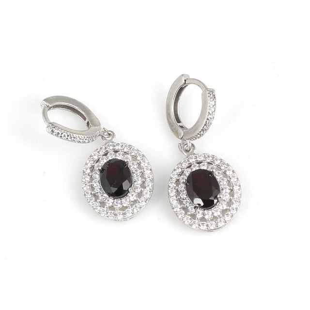 Sterling Silver Oval Garnet & Zircon Double Halo Earrings