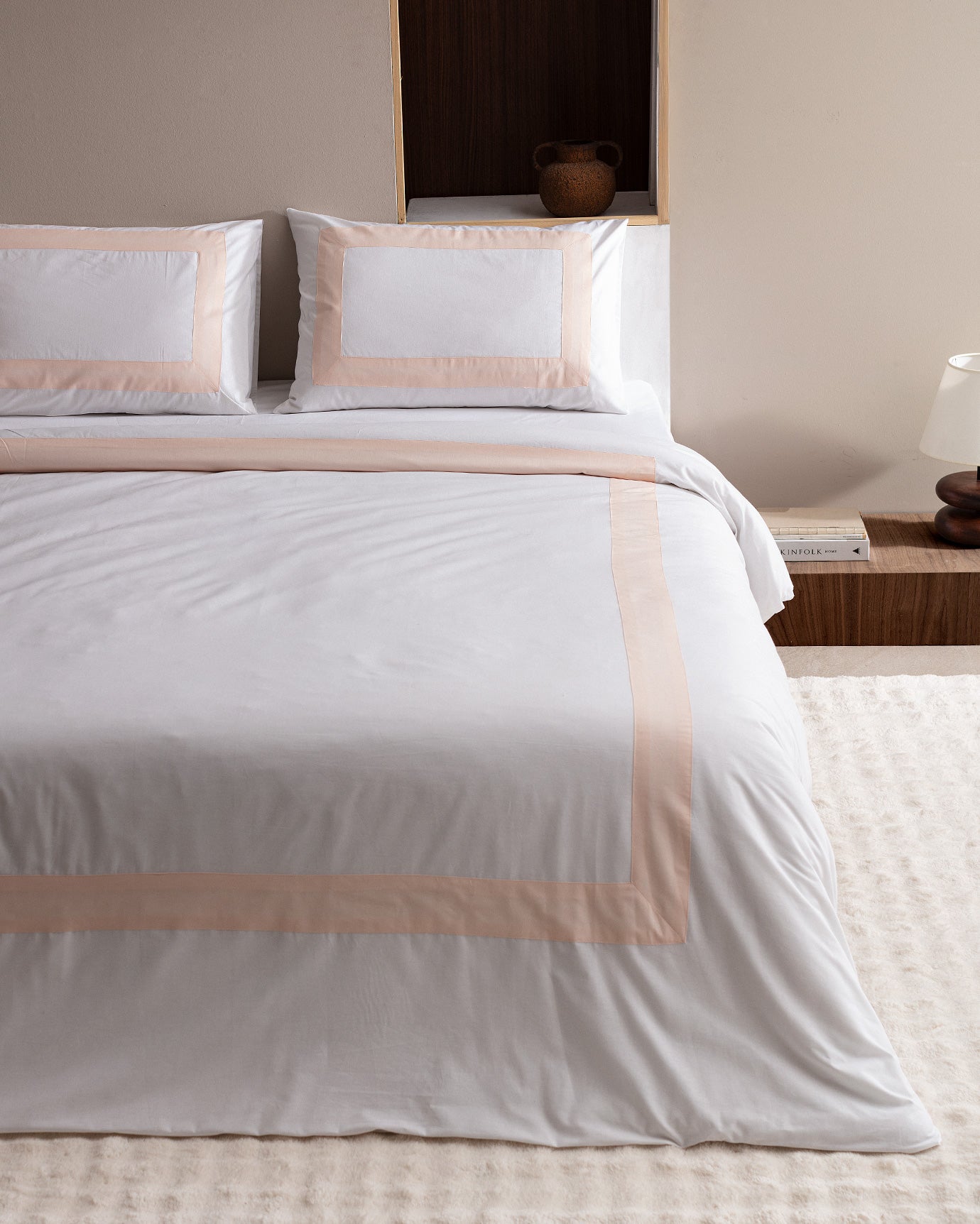 100% Cotton Valette King Size Duvet Cover Set with Fitted Sheet - White & Blush