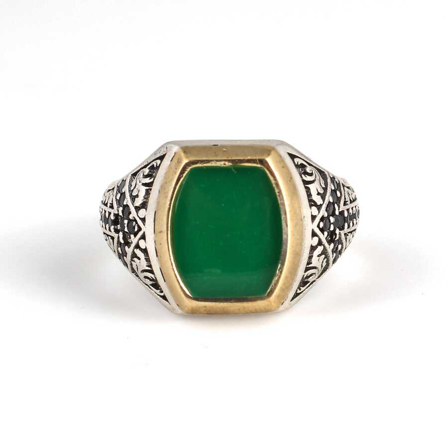 925 Sterling Silver Men's Statement Ring with Green Enamel & Zircon