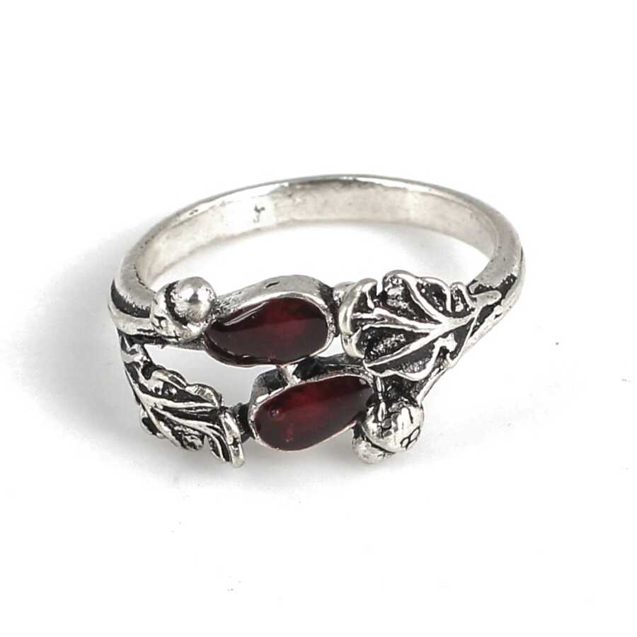 Sterling Silver Double Leaf Ring - Hand-Enameled Red Design