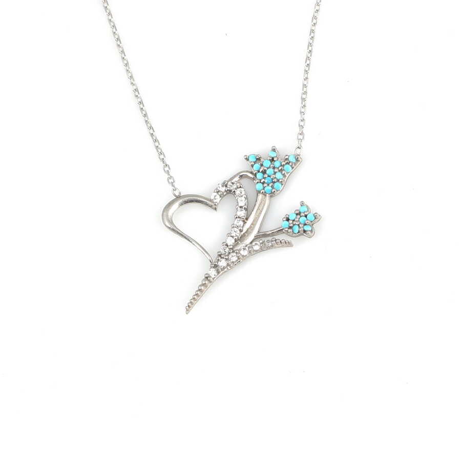 Sterling Silver Turquoise & Zircon Heart & Tulip Pendant Necklace