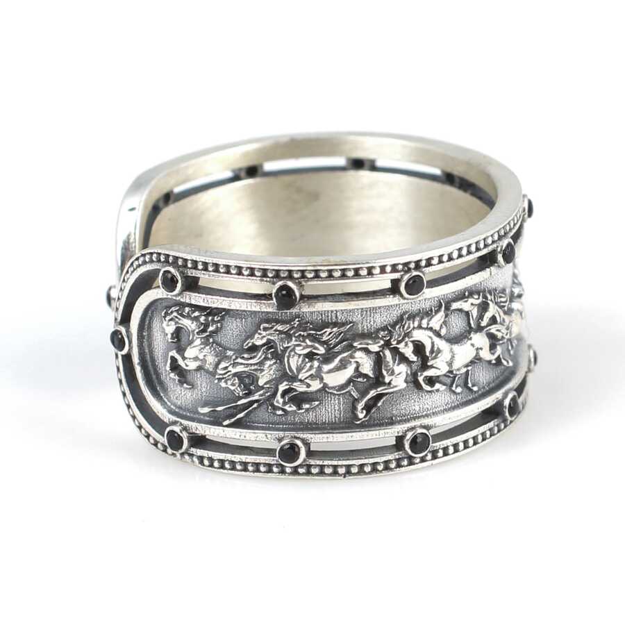 Premium 925 Sterling Silver Running Horses Gemstone Ring
