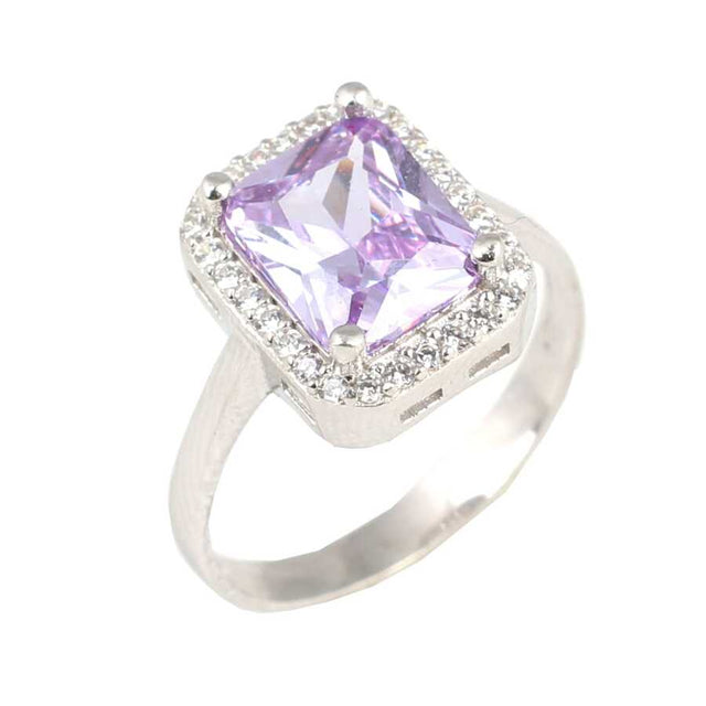 925 Sterling Silver Amethyst & Zircon Rectangular Statement Ring