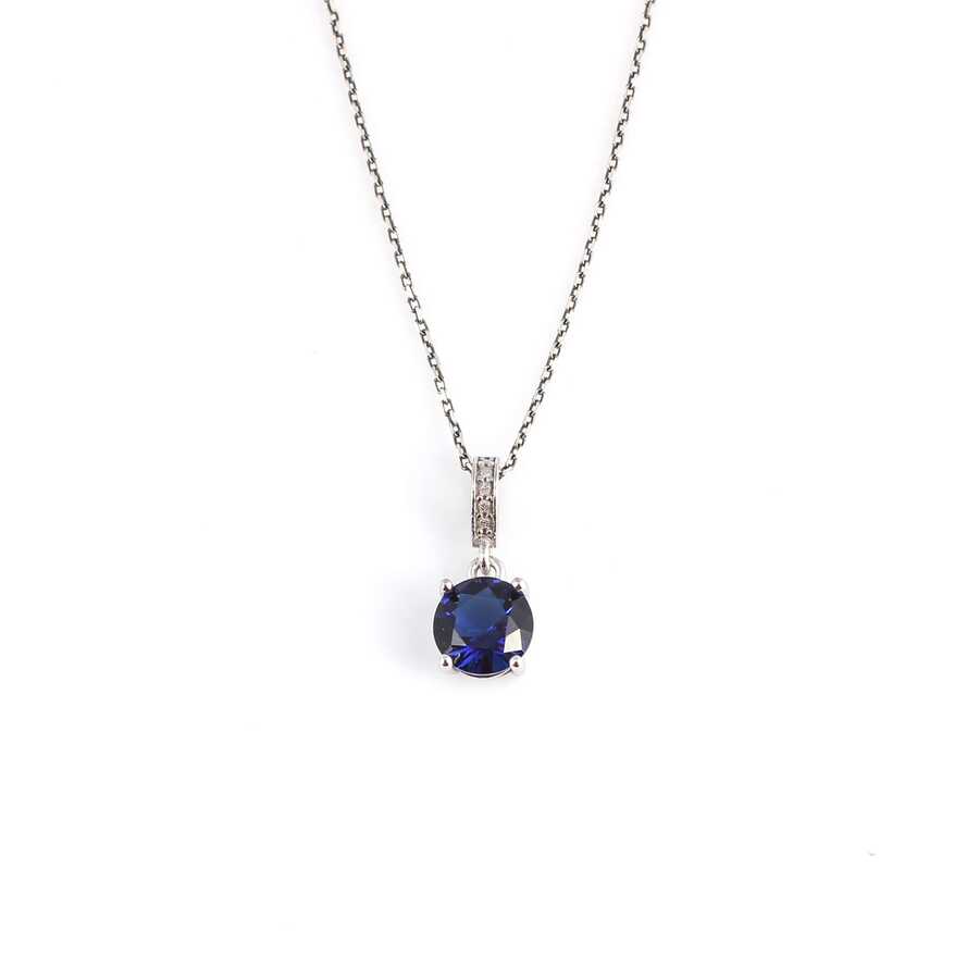 925 Sterling Silver Round Synthetic Sapphire Pendant Necklace