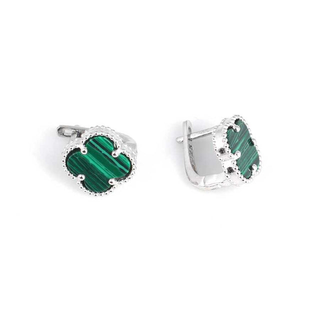 Exquisite 925 Sterling Silver Malachite Clover Drop Earrings