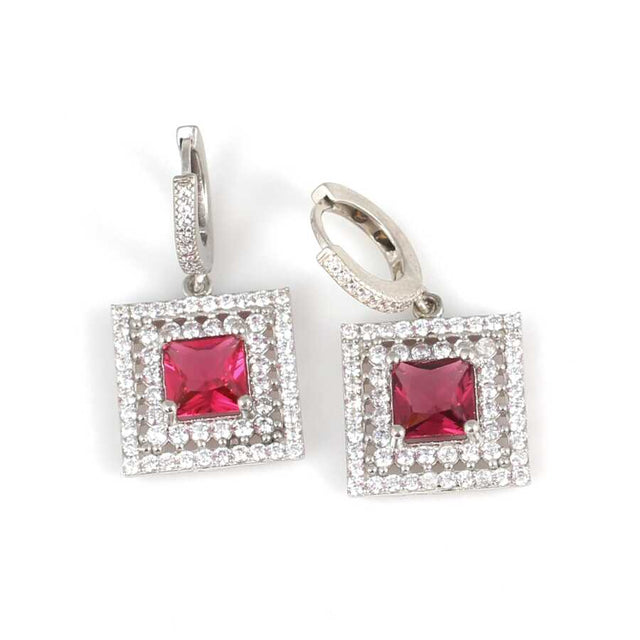 925 Sterling Silver Double Halo Square Ruby Zircon Earrings
