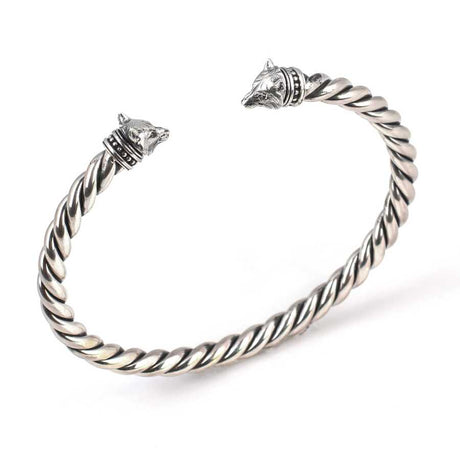 925 Sterling Silver Men's Bangle - Intricate Wolf Head Twisted Design
