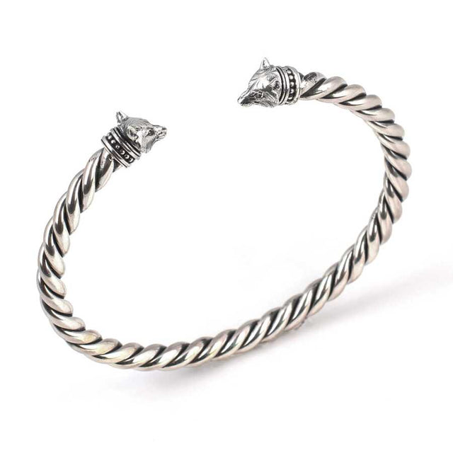 925 Sterling Silver Men's Bangle - Intricate Wolf Head Twisted Design