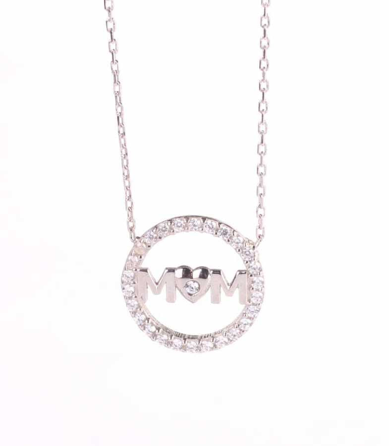 Sparkling Sterling Silver White Zircon 'Mom' Pendant Necklace