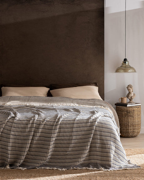 100% Cotton Double Bedspread - Coffee Blue Reversible Design