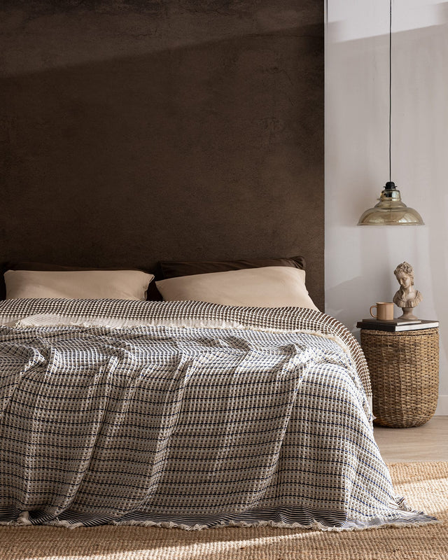 100% Cotton Double Bedspread - Coffee Blue Reversible Design