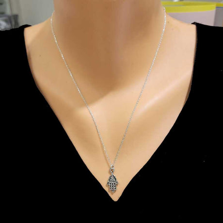 Sterling Silver Hamsa Hand Necklace - Patterned Petite Design