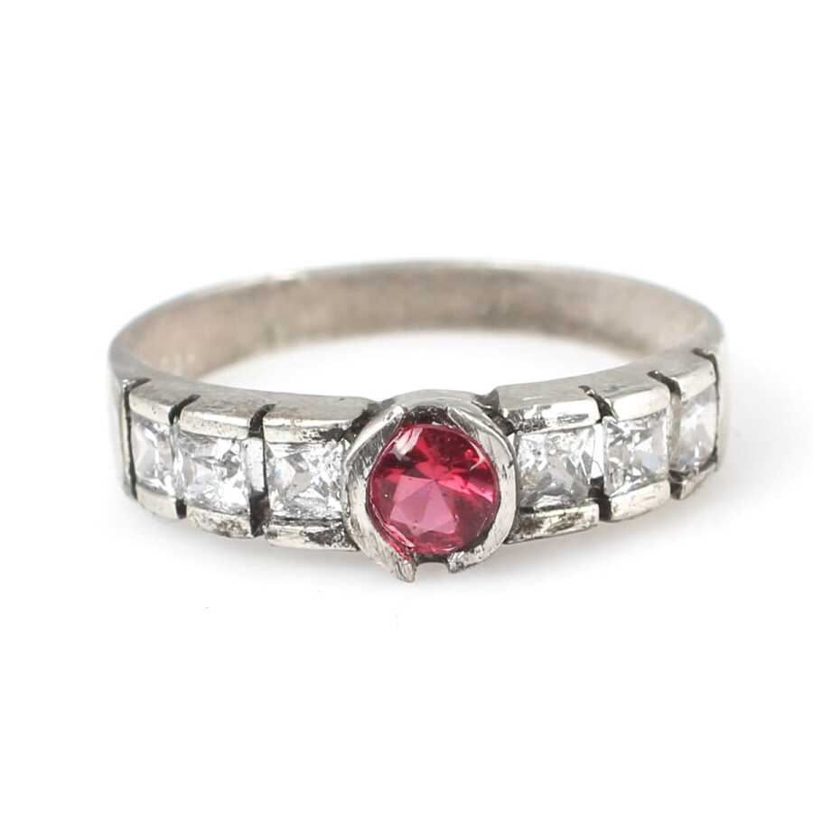 925 Sterling Silver Elegant Baguette Zircon Ring - White & Red Accents