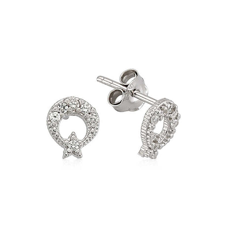 Sterling Silver Stud Earrings - Dainty Sparkling Moon & Star