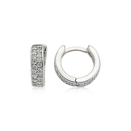 Sterling Silver Huggie Hoop Earrings - Dazzling Pave Double Row