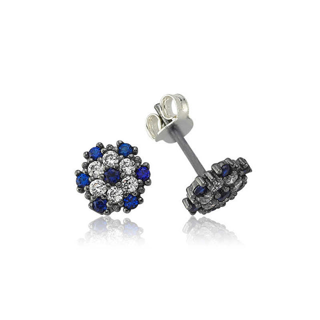 Sterling Silver Stud Earrings - Blue & Clear Zircon Flower Cluster