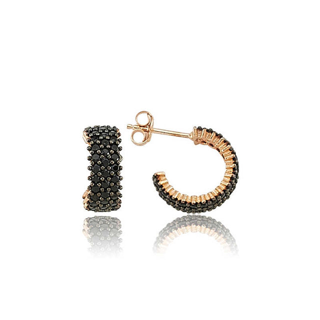 Black Zirconia Pave Huggie Hoop Earrings - Rose Gold Plated Sterling Silver