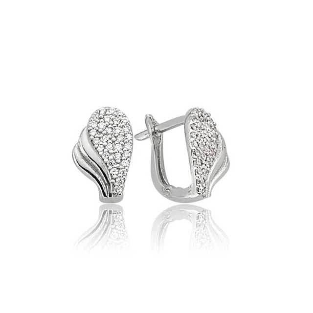 Elegant Sterling Silver Zirconia Pave Leaf Leverback Earrings