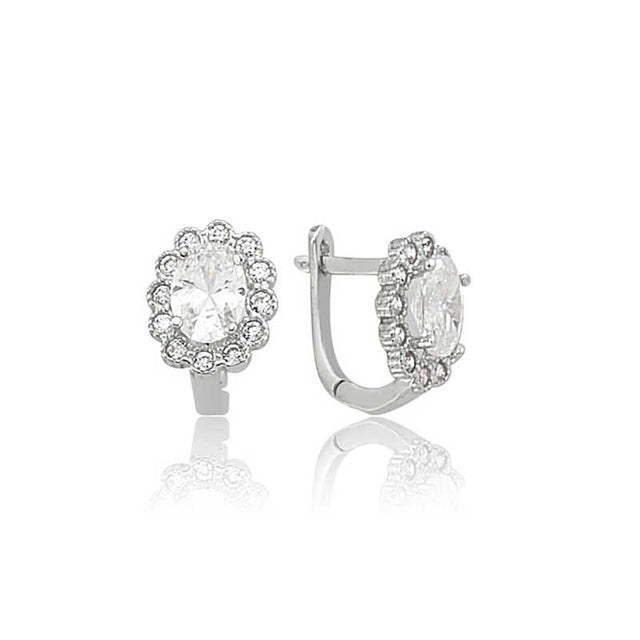 Earrings - Sterling Silver Dazzling Cubic Zirconia Oval Halo