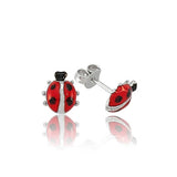Stud Earrings - Silver-Tone Enamel Ladybug Whimsical Design