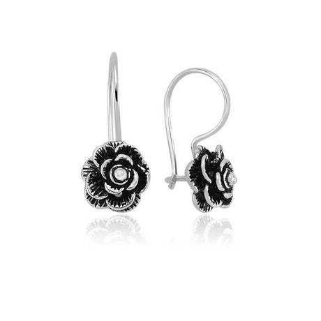 Sterling Silver Dangle Earrings - Oxidized Floral Rose Design