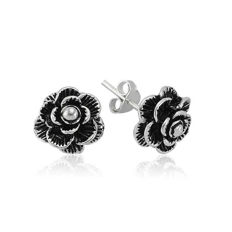 Sterling Silver Oxidized Rose Stud Earrings - Elegant Floral Design